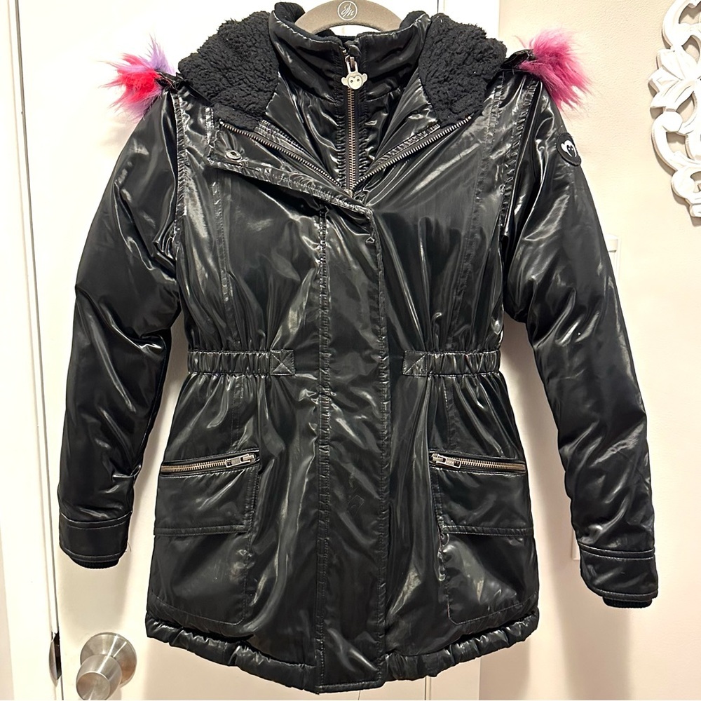 Appaman Middie Puffer Coat Jacket Girls 10 Black Faux Rainbow Fur Trim Hood